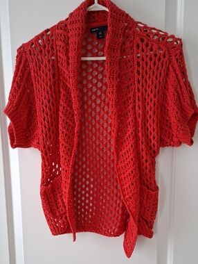 GAP Girl Open-Knit Short-Sleeve Cardigan in Bright Red Size 10
